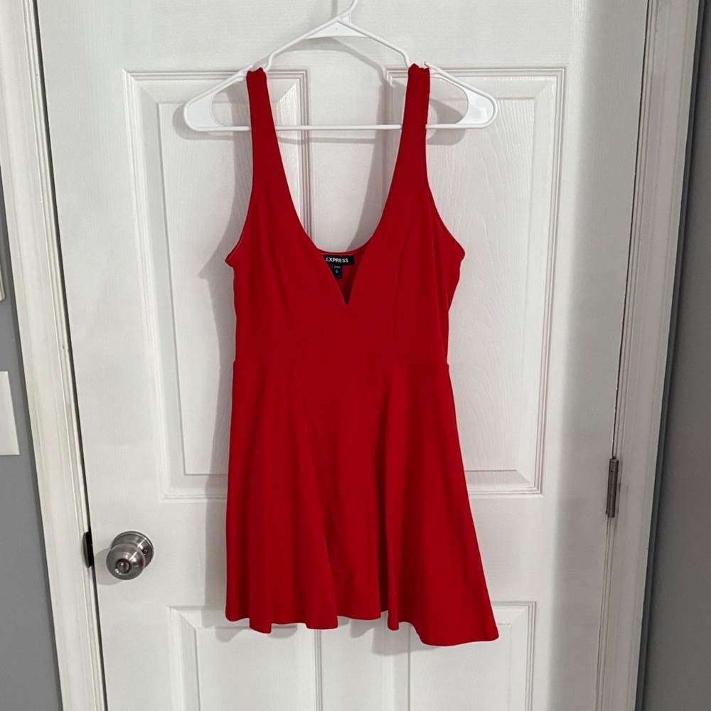 Express Vibrant Red Scoop Neck Fit-and-Flare Dress with shorts underneath